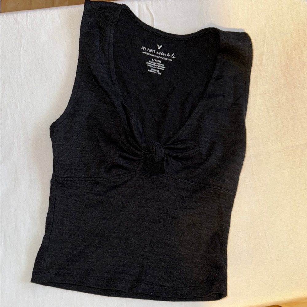 American Eagle Outfitters Black Tie Front Fitted Crop Tank